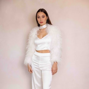 Ivory Ostrich Feather Bridal Jacket: White Feather Coat with Sash