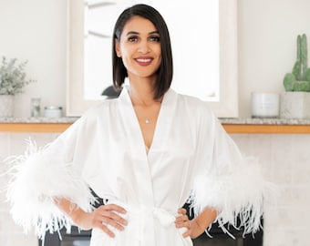Satin Silk Bridal Robe with Detachable Ostrich Feather Trim in White, Wedding Gift, Bridesmaids Gift