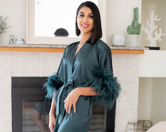 Satin Silk Bridal Robe with Detachable Ostrich Feather Trim Emerald Green
