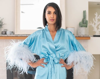 Satin Silk Bridal Robe with Detachable Ostrich Feather Trim in Turquoise