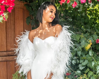Ostrich Feather Bridal Wedding Jacket in Ivory/Off White