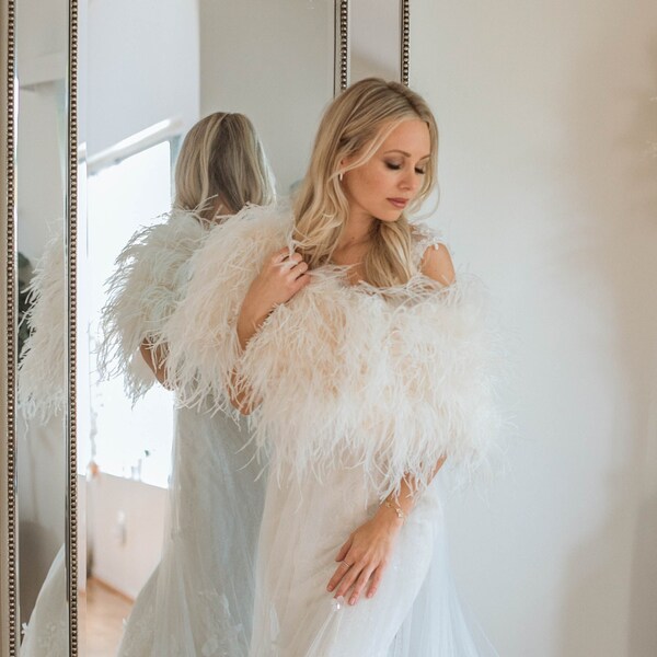 Real Ostrich Feather Bridal Wedding Cape / Bolero / Shrug in Cream