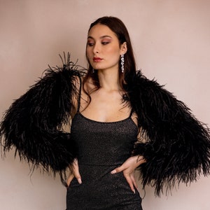 Ostrich Feather Bridal Wedding Jacket in Black Color / Feather Coat / Black Feather Jacket Cape with Sash