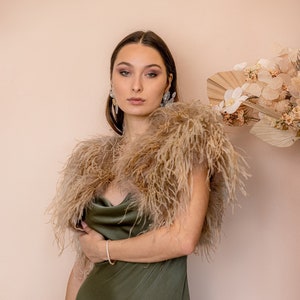 Real Ostrich Feather Winter Bridal Wedding Bolero/Vest in Tan Sand Toffee Brown