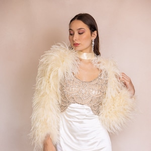 Cream Ostrich Feather Bridal Jacket: Silk Sash Wedding Coat