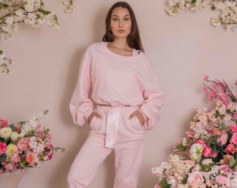 Organic Cotton Sweatpants: Light Pink Cozy Lounge Pants with Ribbon