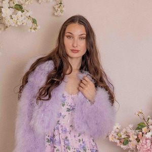 Lavender Marabou Feather Cropped Jacket: Silk Lined Evening Coat