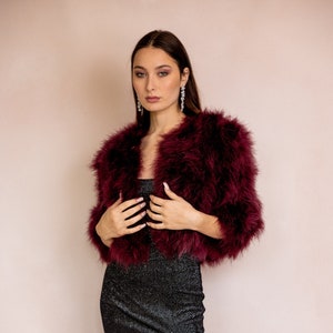 Marabou Feather Bridal Wedding Jacket in Merlot