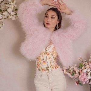 Soft Light Pink Fluffy Feather Jacket, Marabou Cropped Long Sleeve Feather Jacket, Winter Womens Clothing Outerwear Warm Coat Eveningwear