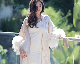 Satin Silk Bridal Robe with Detachable Ostrich Feather Trim Champagne