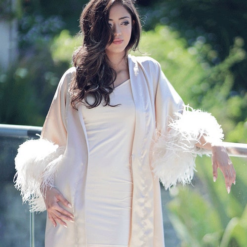 Satin Silk Bridal Robe With Detachable Ostrich Feather Trim - Etsy