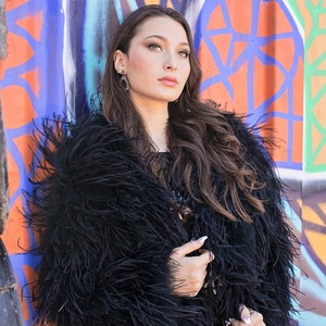 Ostrich Feather Bridal Wedding Jacket Coat in Black