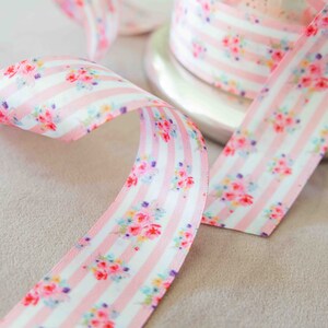 White Pink Rose Floral Pink Stripes Pattern Shabby French Cottage Chic Two Sided Ribbon Pastel 1.5 wide per yard double faced polyester image 9