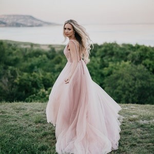 Blush Pink Tulle Beaded Front Slit Wedding Prom Evening Gown Dress image 1