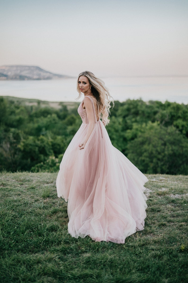 Blush Pink Tulle Beaded Front Slit Wedding Prom Evening Gown Dress image 1