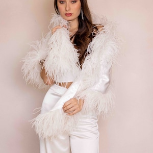 Satin Silk Bridal Cape with Feather Trim in Ivory