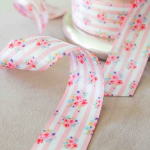 White Pink Rose Floral Pink Stripes Pattern Shabby French Cottage Chic Two Sided Ribbon Pastel 1.5 wide per yard double faced polyester image 4