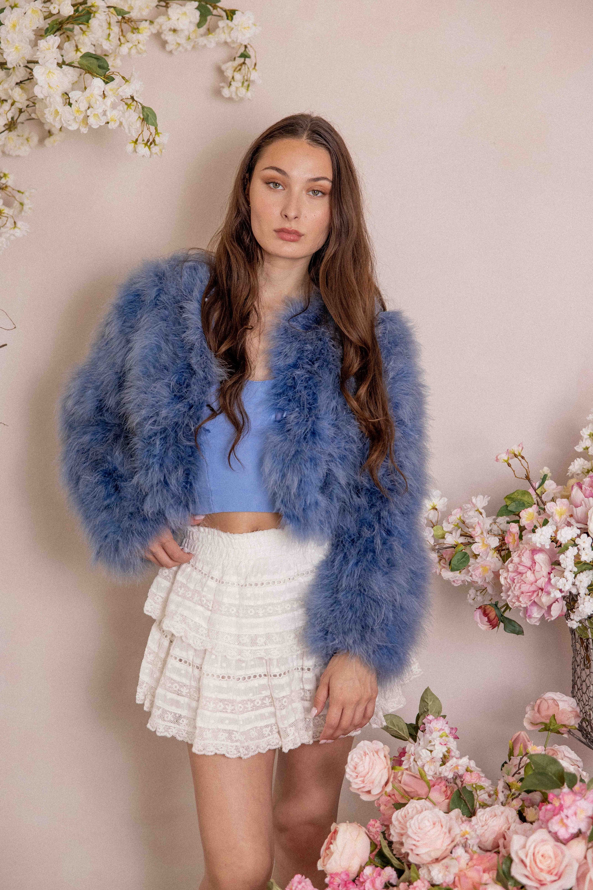 Denim Blue Fluffy Feather Jacket, Marabou Cropped Long Sleeve