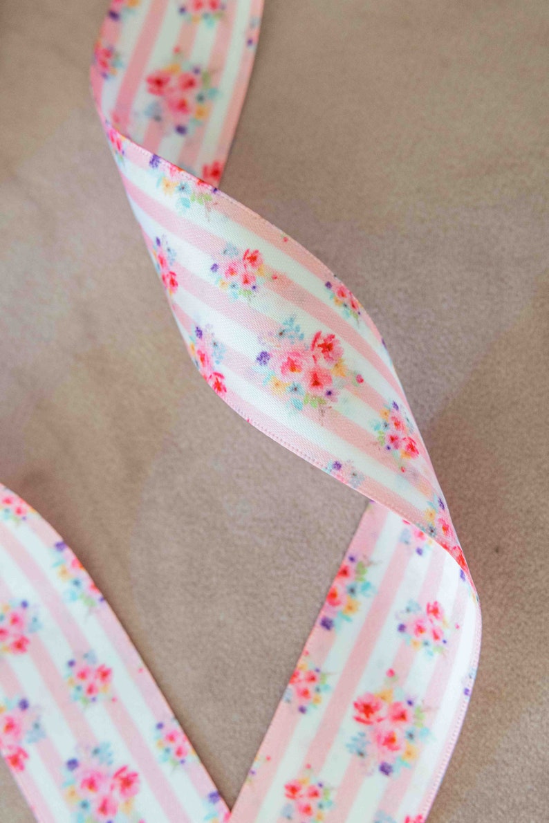 White Pink Rose Floral Pink Stripes Pattern Shabby French Cottage Chic Two Sided Ribbon Pastel 1.5 wide per yard double faced polyester image 2