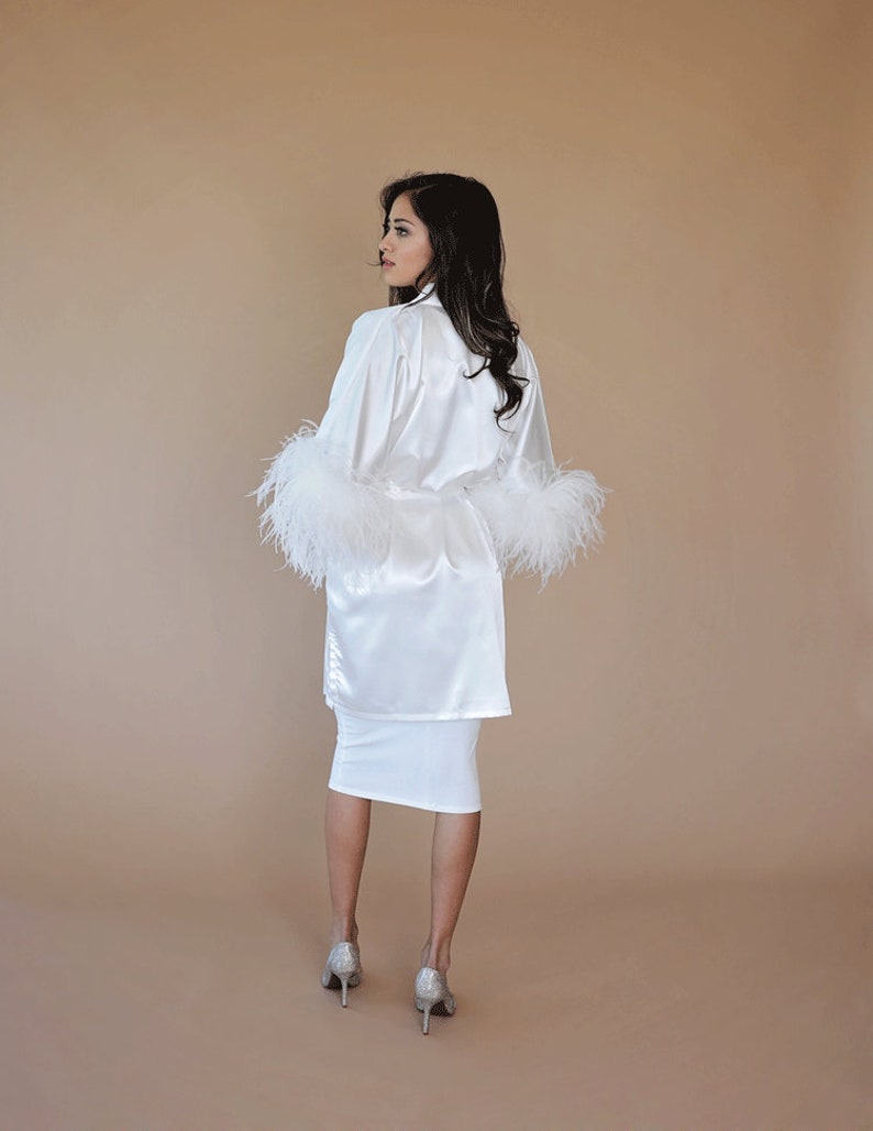 Satin Silk Bridal Robe with Detachable Ostrich Feather Trim image 9