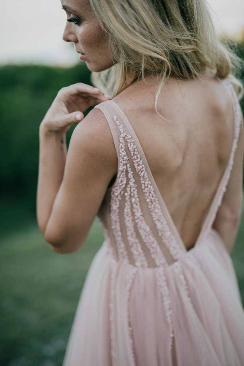 Blush Pink Tulle Beaded Front Slit Wedding Prom Evening Gown Dress image 4