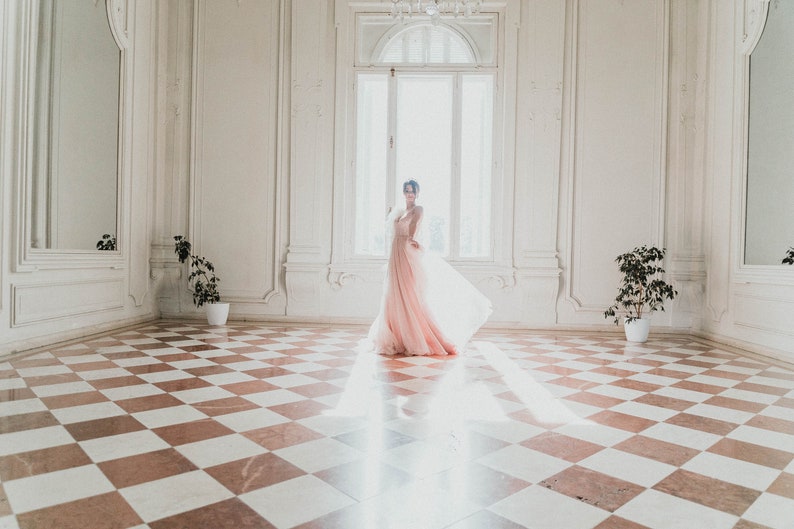 Blush Pink Tulle Beaded Front Slit Wedding Prom Evening Gown Dress image 7