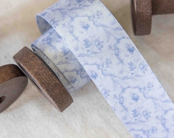 White Blue Floral Rose Floral Pattern Shabby French Cottage Chic Two Sided Ribbon Pastel 1.5" wide per yard double faced polyester