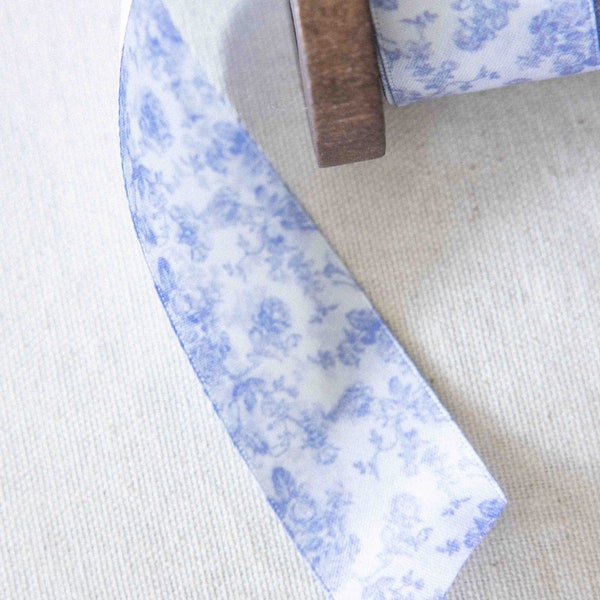 White Blue Garden Floral Rose Floral Pattern Shabby French Cottage Chic Two Sided Ribbon Pastel 1.5" wide per yard double faced polyester
