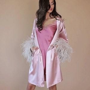 Satin Silk Bridal Robe with Detachable Ostrich Feather Trim image 4