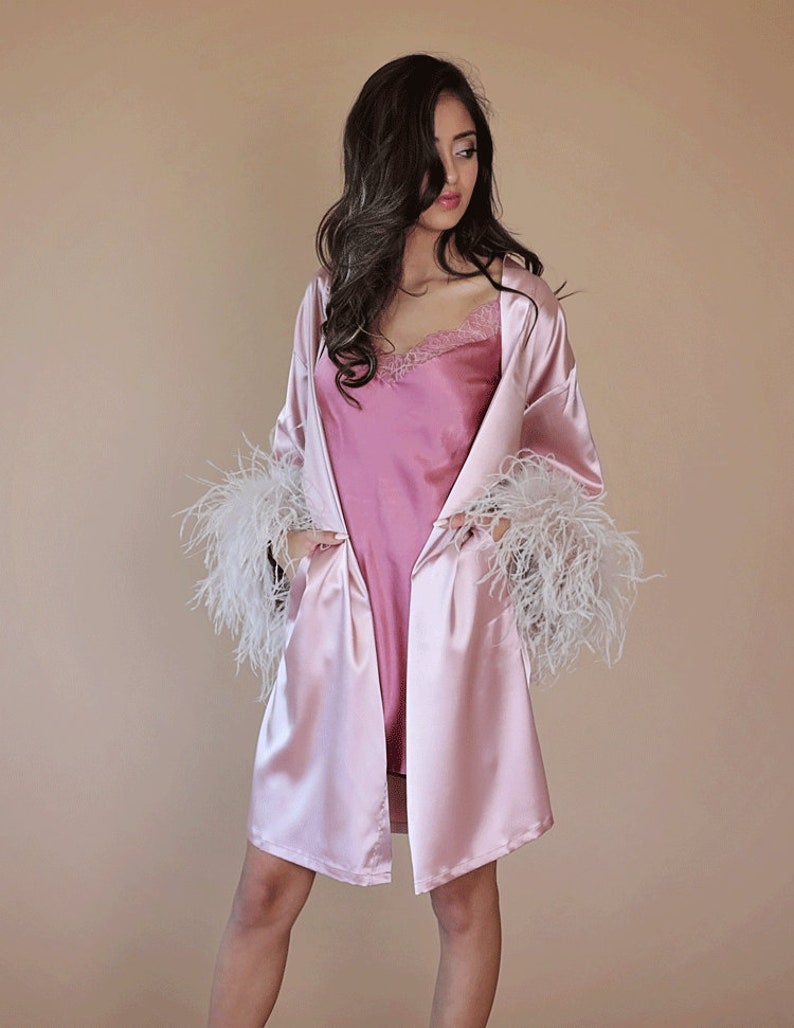 Satin Silk Bridal Robe with Detachable Ostrich Feather Trim image 4