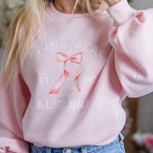 Pink Crewneck Laguna Beach Bow Preppy Coquette Puff Sleeves, California Beach Shirt, Beach Sweater, Spring Break Crewneck, Beach Pullover