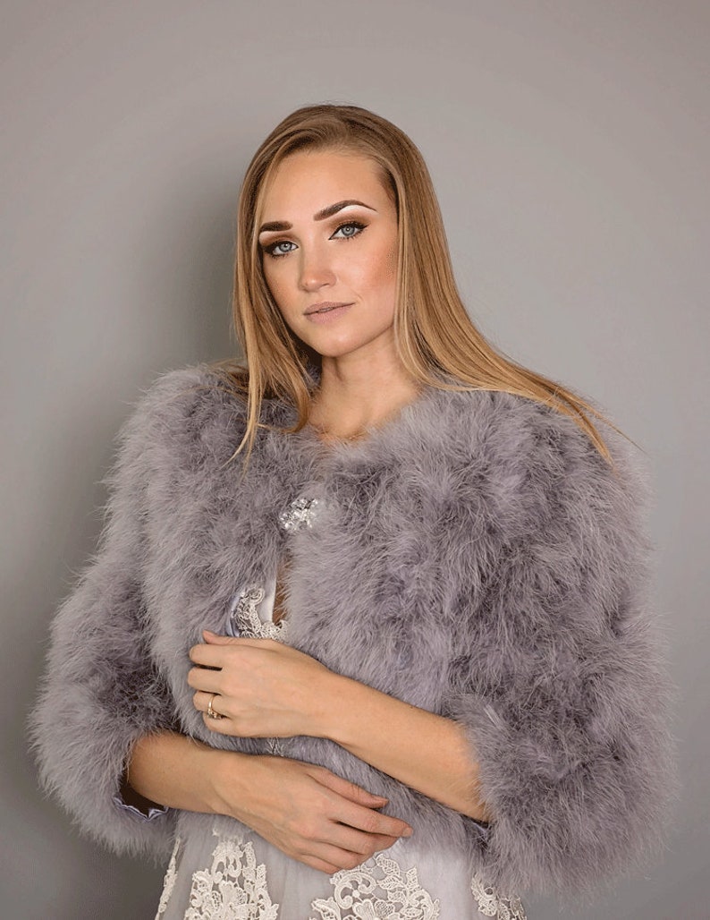 Marabou Feather Bridal Wedding Jacket in Gray With Swarovski Etsy