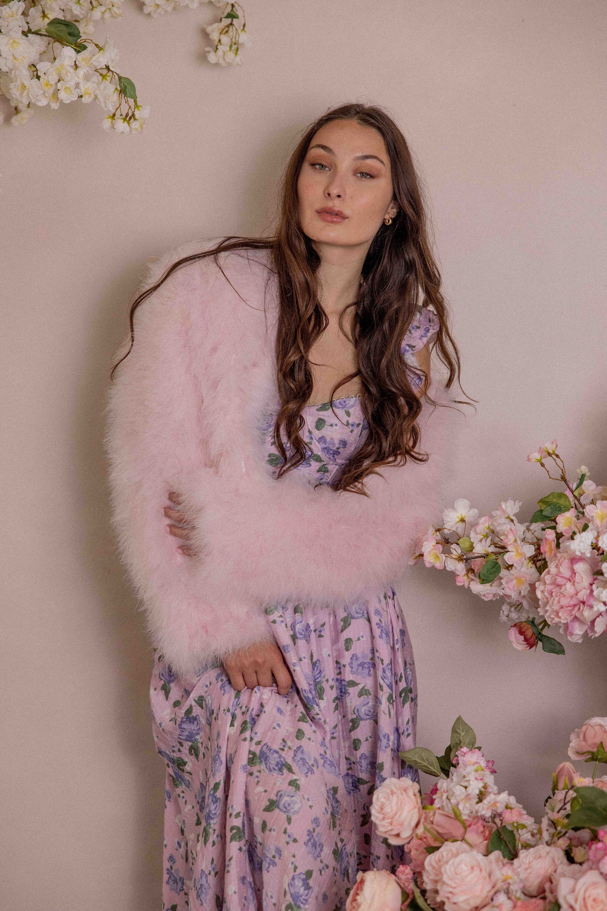 Soft Light Pink Fluffy Feather Jacket, Marabou Cropped Long