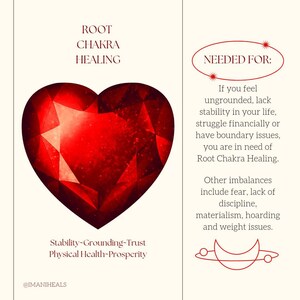 May include: A heart-shaped, faceted, red gemstone is the focal point of this image. Text includes "Root Chakra Healing," "Stability-Grounding-Trust," and "Physical Health-Prosperity." Additional text explains the benefits of Root Chakra Healing.