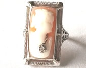 Antique Edwardian Cameo Ring Pretty Woman with partial Necklace Large rectangle in 14K White Gold