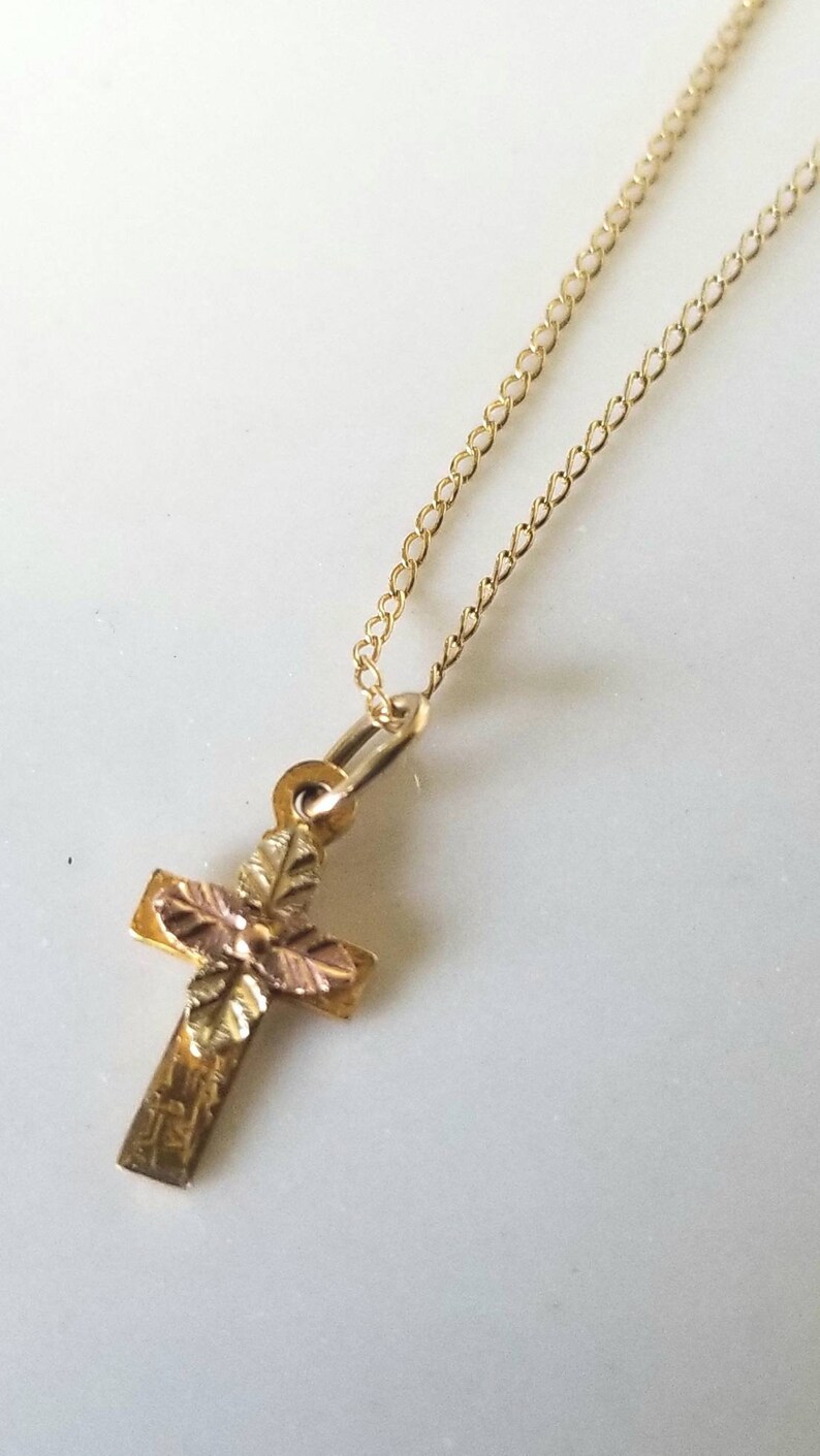 Tiny 10k Tri Color Gold Cross On 14k Chain