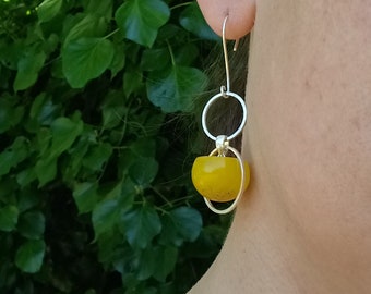 Yellow sand balls - recycled sterling silver hanging earrings, silver copper rings, yellow sands and pigments