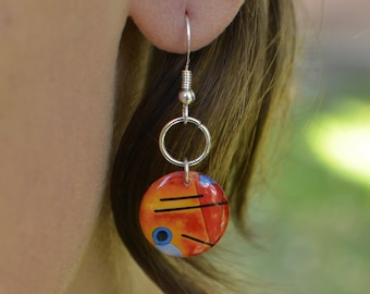 Small hanging orange earrings in sterling silver and artisanal resin made in France, original Kandinsky gift