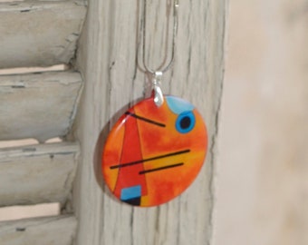 Orange round pendant in epoxy resin on sterling silver chain inspired by Wassily Kandinsky and Bauhaus style, gift from mothers