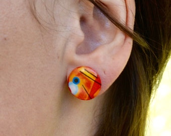 Kandinsky ornage stud earrings. Orange resin earrings. Playful colorful artsit's jewelry.