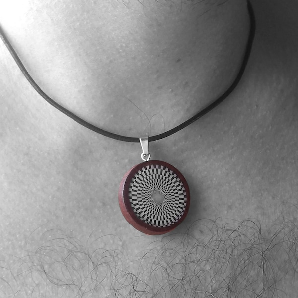 Pendentif caboochon rond en bois et résine noir et blanc pour hommes et pour femmes avec illusion optique inspiré par Victor Vasarely