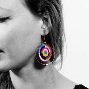Round dangling earrings inspired by Sonia Delaunay in epoxy resin artist earrings-ear hook closure