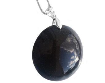 Silver necklace 925 with classic black stone pendant in sand and resin, elegant half-sphere pendant
