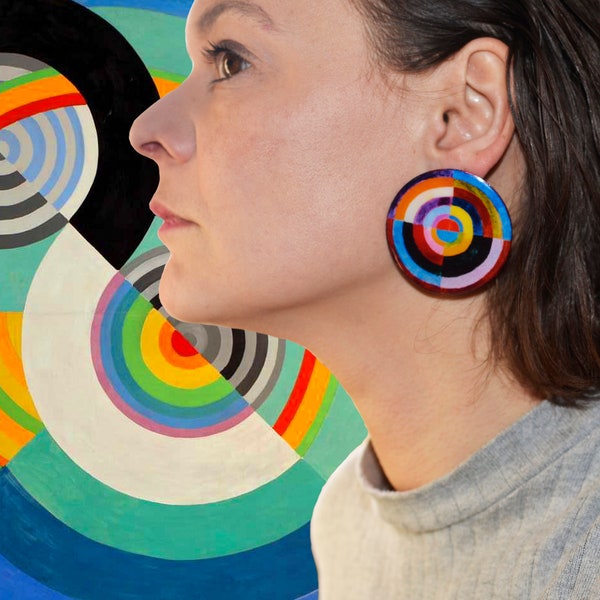 Grandes boucles d'oreilles légères audacieuces de style bauhaus inspirées de Sonia Delaunay avec fermeture clip pour oreilles non percées