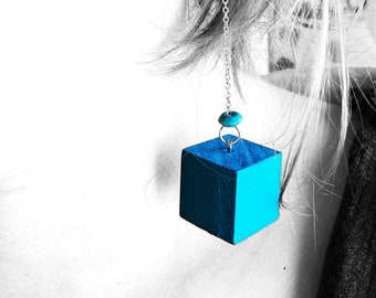 Blue hanging earrings in sterling silver and painted wood - pendant cube in turquoise wood - designer jewelry Paris for women