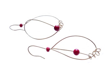 Recycled brass hanging Creole ear bowls with round red coral beads, eco-responsible artisanal jewel of France