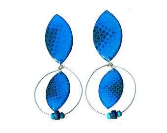 Contemporary blue opart oversized earring, blue dangle geometric earrings, statement jewlery, optical illusion gift, original artist jewelry