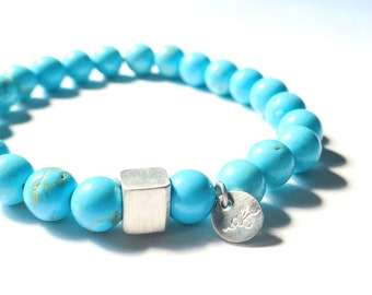 Natural Turquoise Beaded Bracelet: Sterling Silver Charm, Healing Crystal
