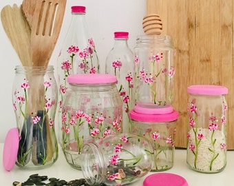 Natural & pink line - Hand-painted upcycled glass containers - unique pieces - boho decorations