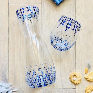 French Hand painted glass Carafe + glass - Water carafe - Bedside carafe - Blue things -  unique gift for women - housewarming gift